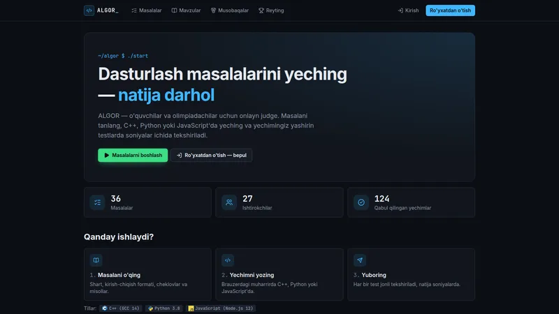 algor.uz — Dasturlash masalalari platformasi