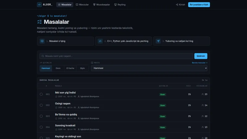 algor.uz — Dasturlash masalalari platformasi — 2