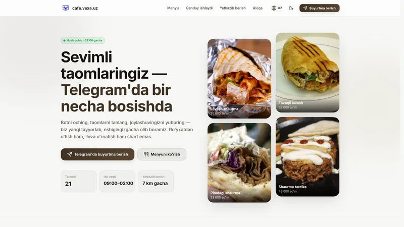 cafe.vexa.uz — Telegram orqali ovqat buyurtma qilish