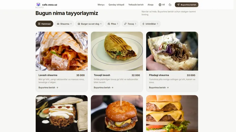 cafe.vexa.uz — Telegram orqali ovqat buyurtma qilish — 2