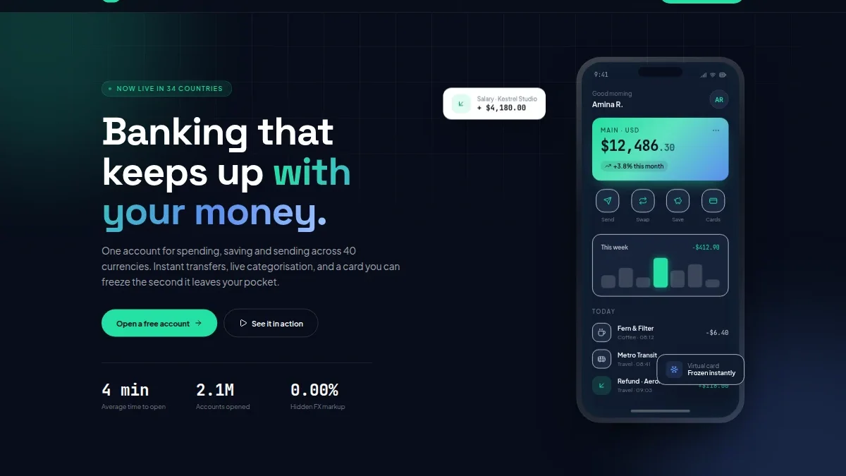 Fintex va raqamli bank uchun landing sahifa