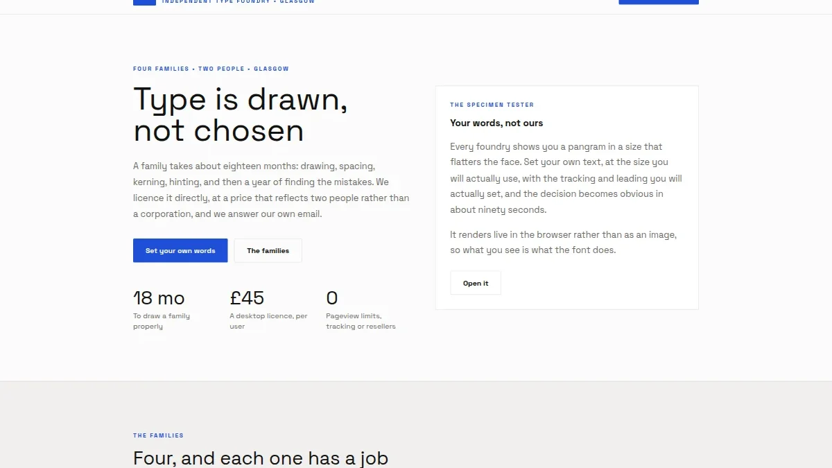 Kerning & Co — shrift studiyasi React shabloni